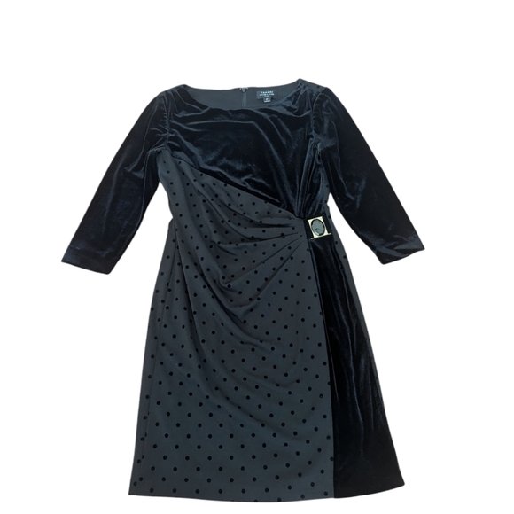 Velvet Polka Dots Black Dress Tahari Side Ruched Party Office Siren Dress 6P - Picture 9 of 11